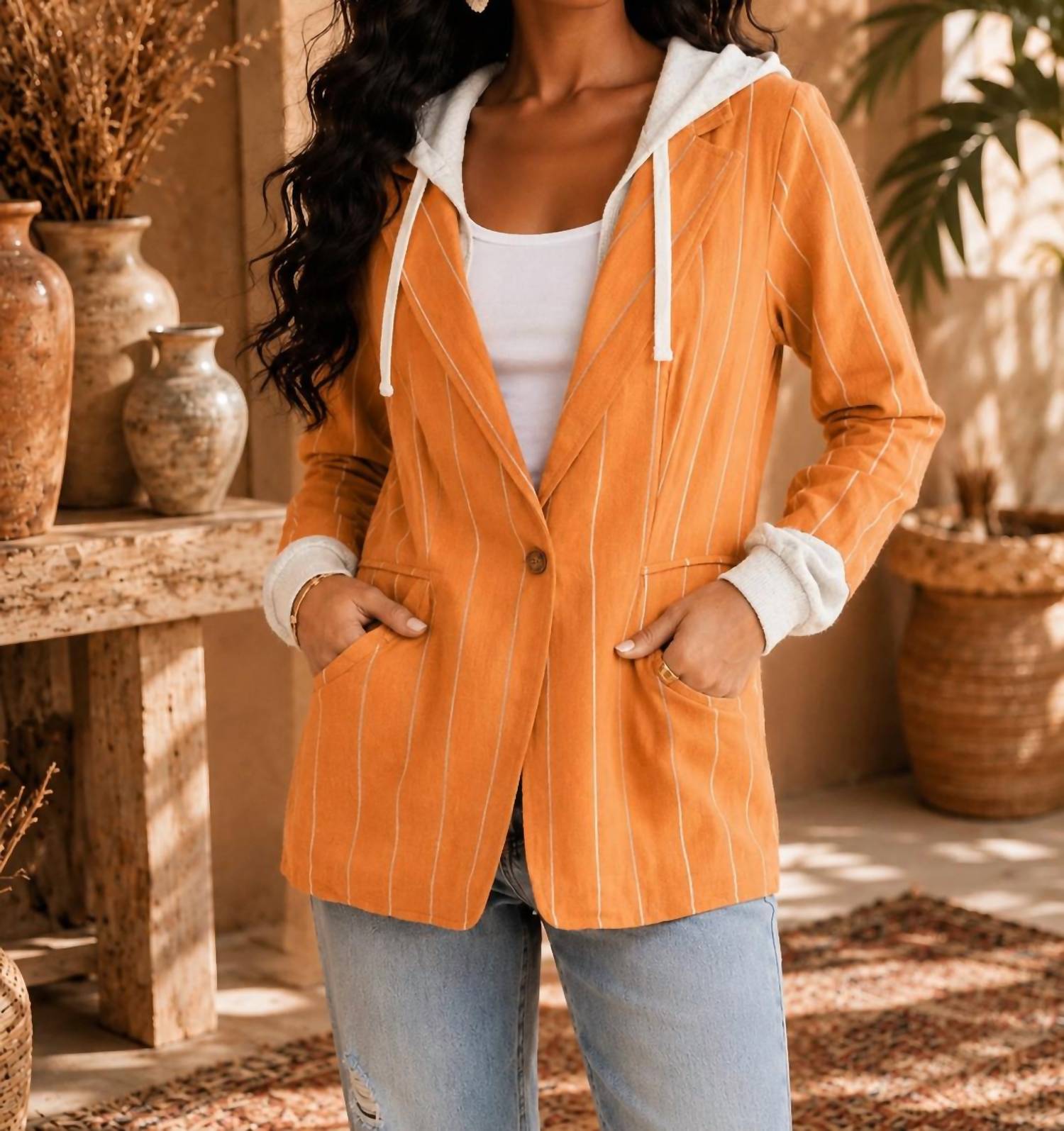 Little Secret Of Mine - Hooded Stripe Long Sleeve Blazer