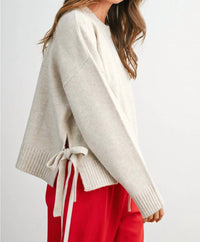Buttermelon Kennedy Tie Split-Hem Sweater in taupe - women's sweater - detail view