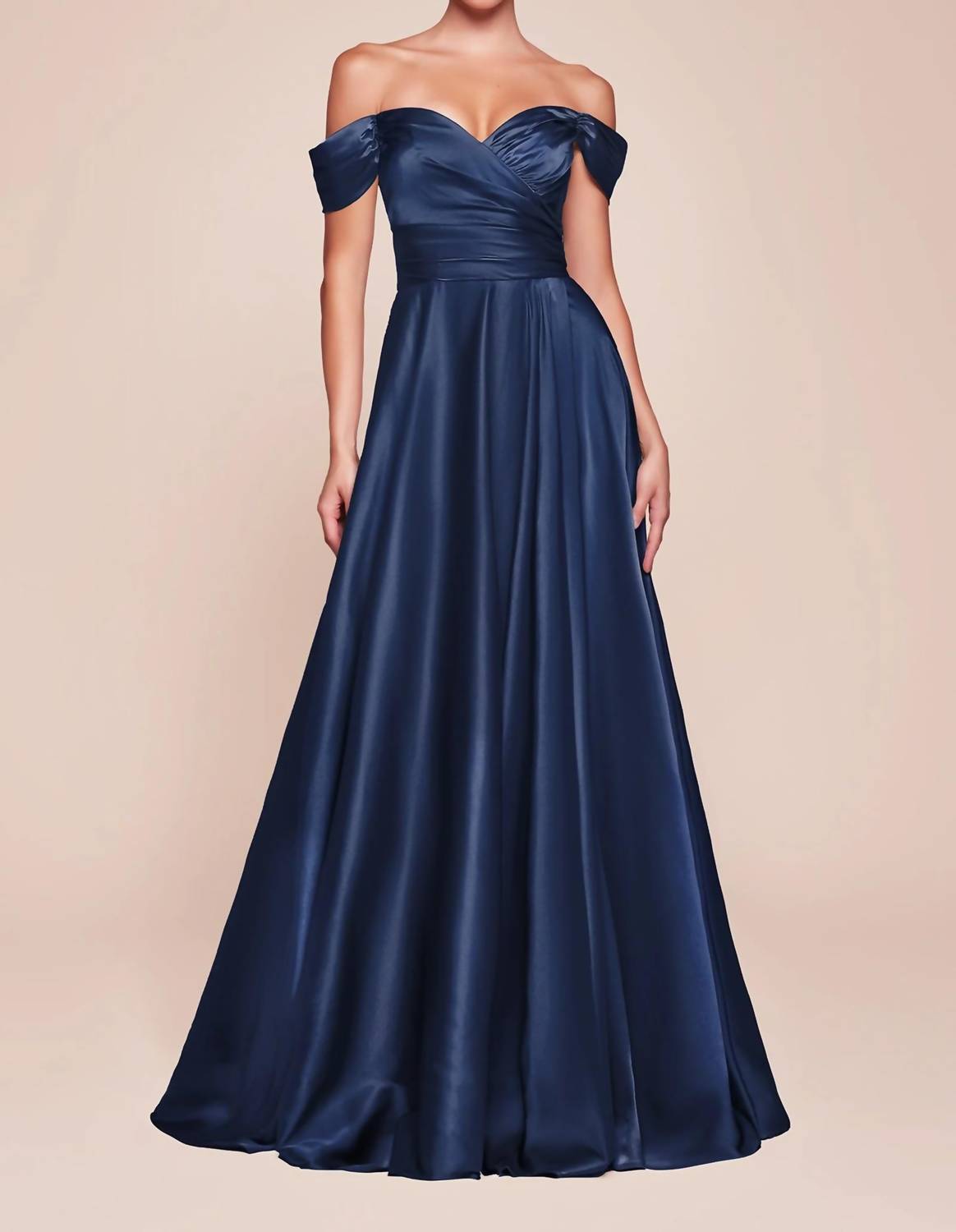 Cinderella Divine - Long Off Shoulder A-line Satin Gown Dress
