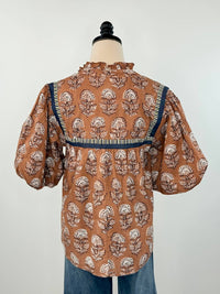 THML Women's Puff Sleeve Top in brown white - women's blouse - alternate view