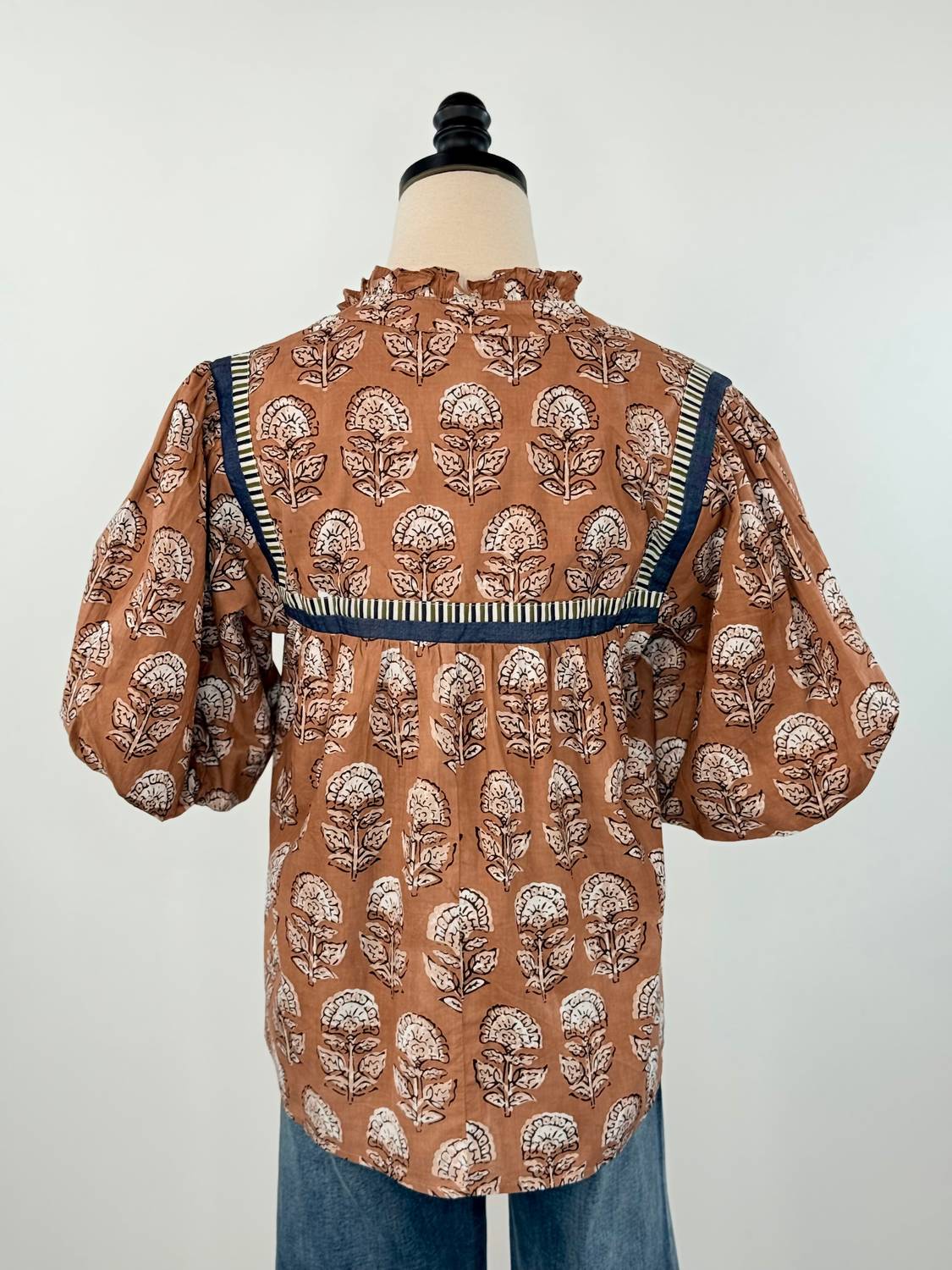 THML Women's Puff Sleeve Top in brown white - women's blouse - alternate view