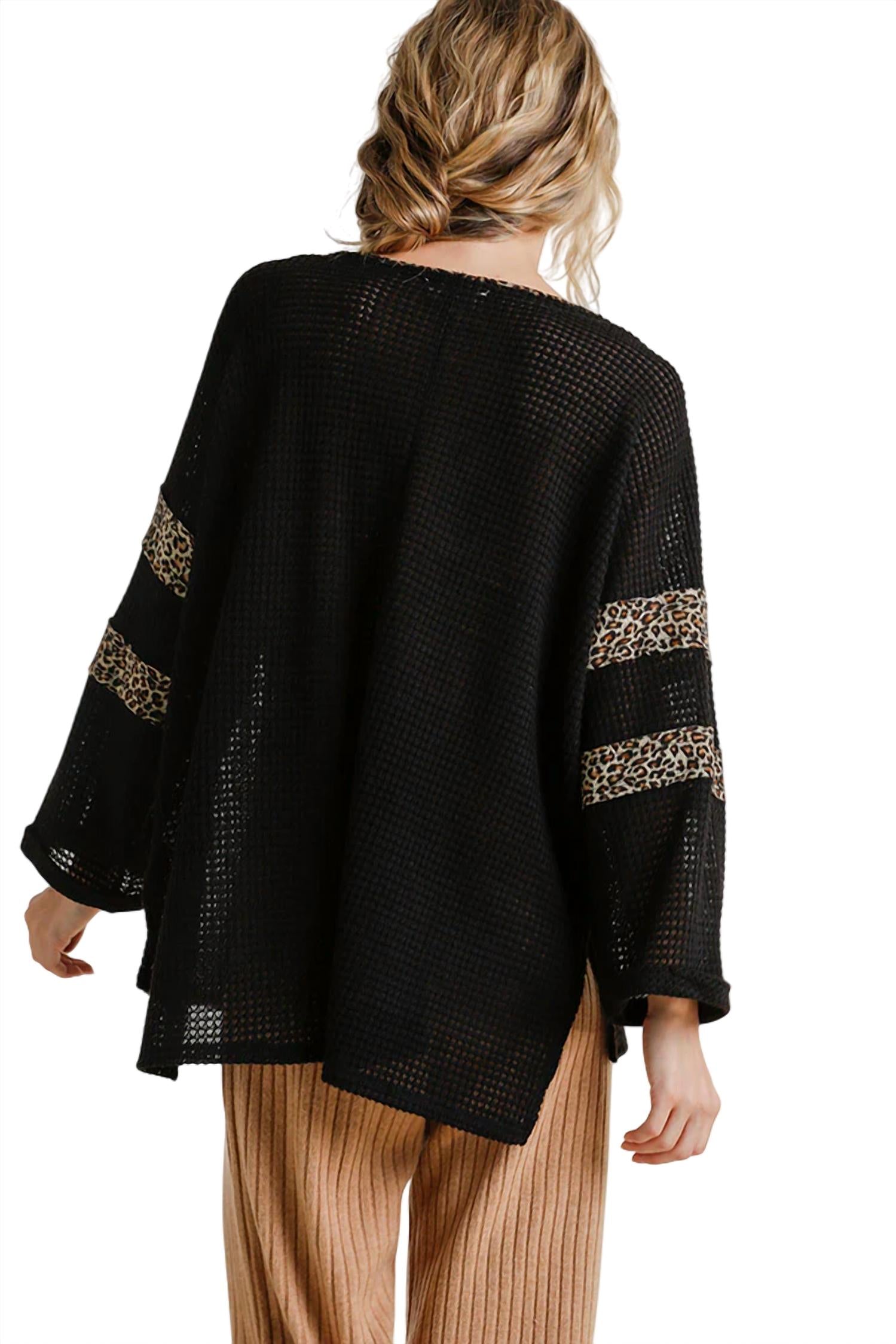 Umgee - Leopard Trim Waffle Knit Top