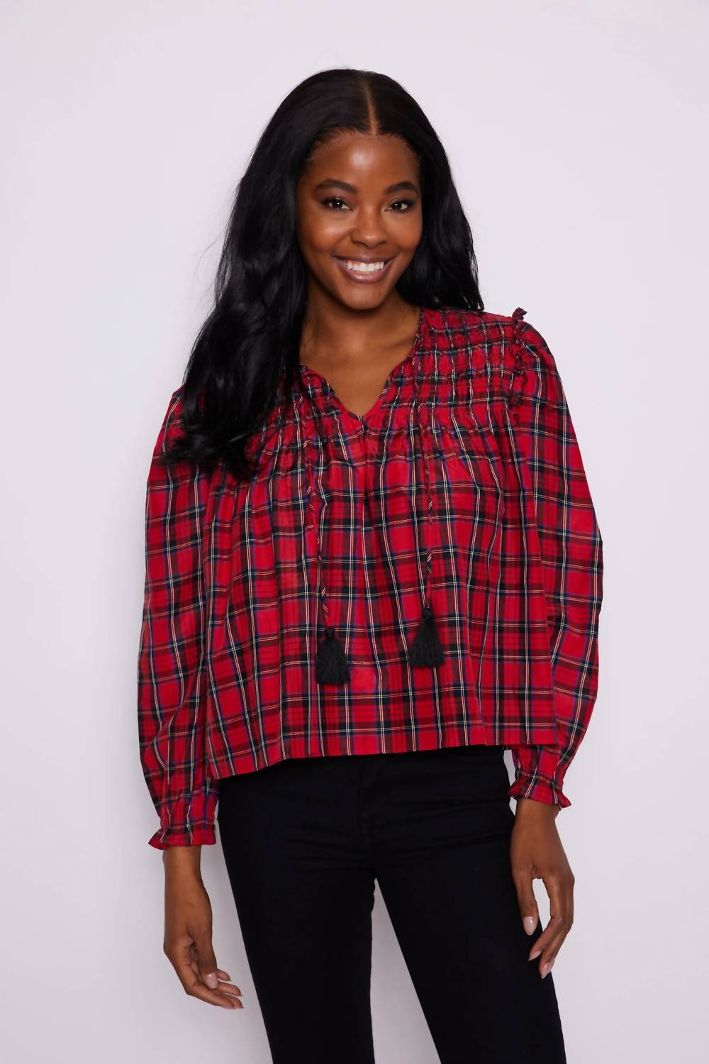 Sail To Sable - Long Sleeve Tassel Front Blouse