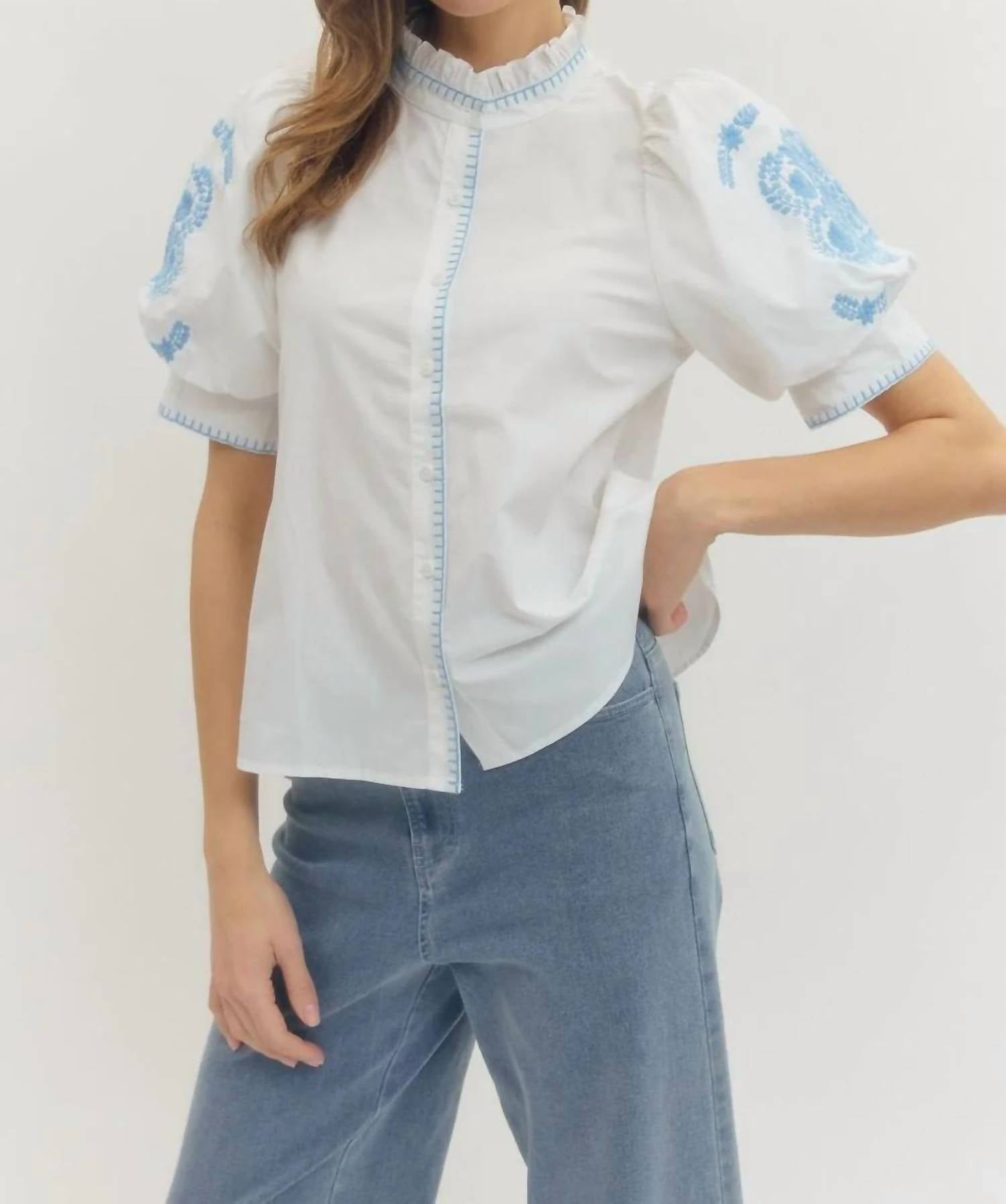 Entro - Women's Floral Embroidered Puff Sleeve Top