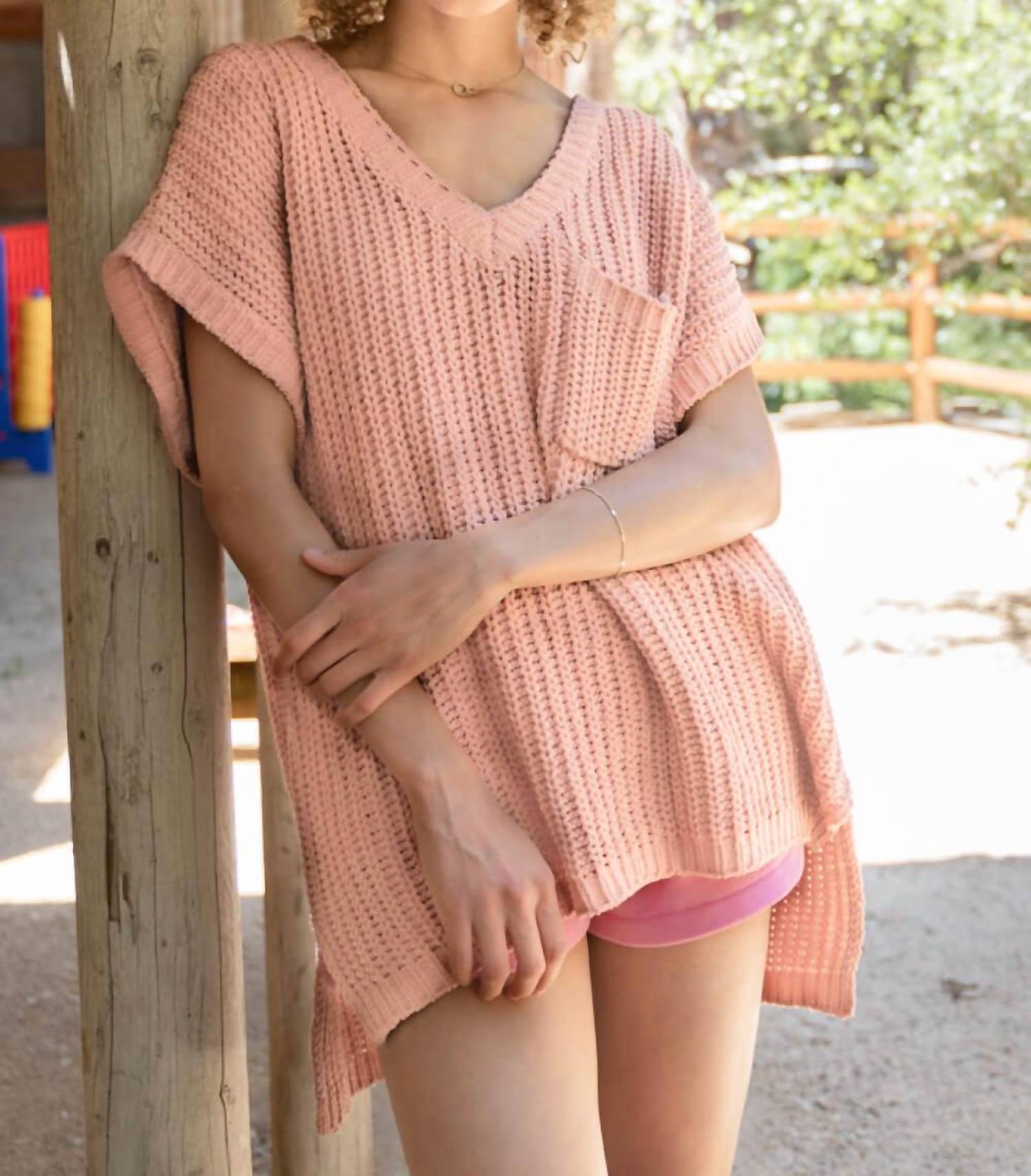 Pol - High-low Short Sleeve Chenille Sweater