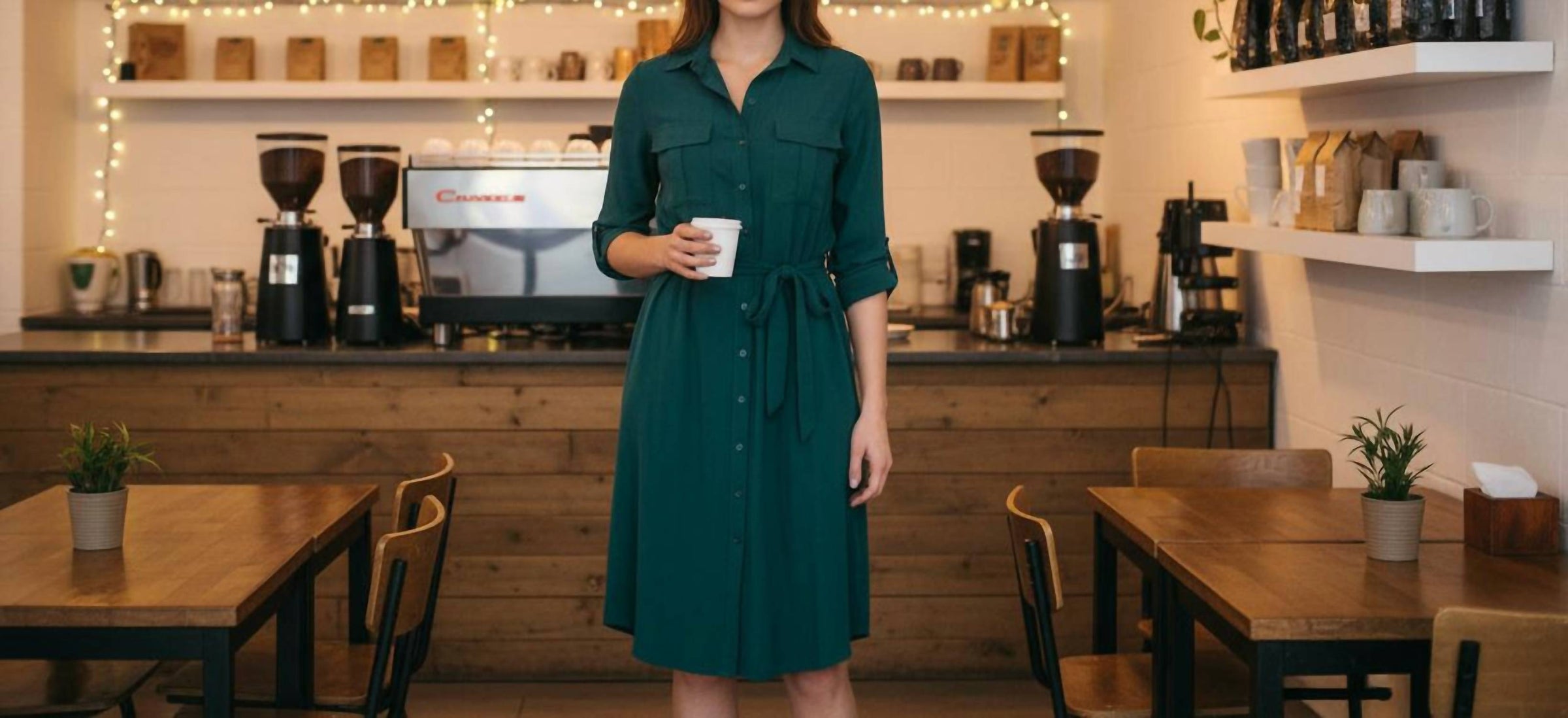 APRICOT Long Sleeve Midi Shirt Dress in green - women's dress - alternate view
