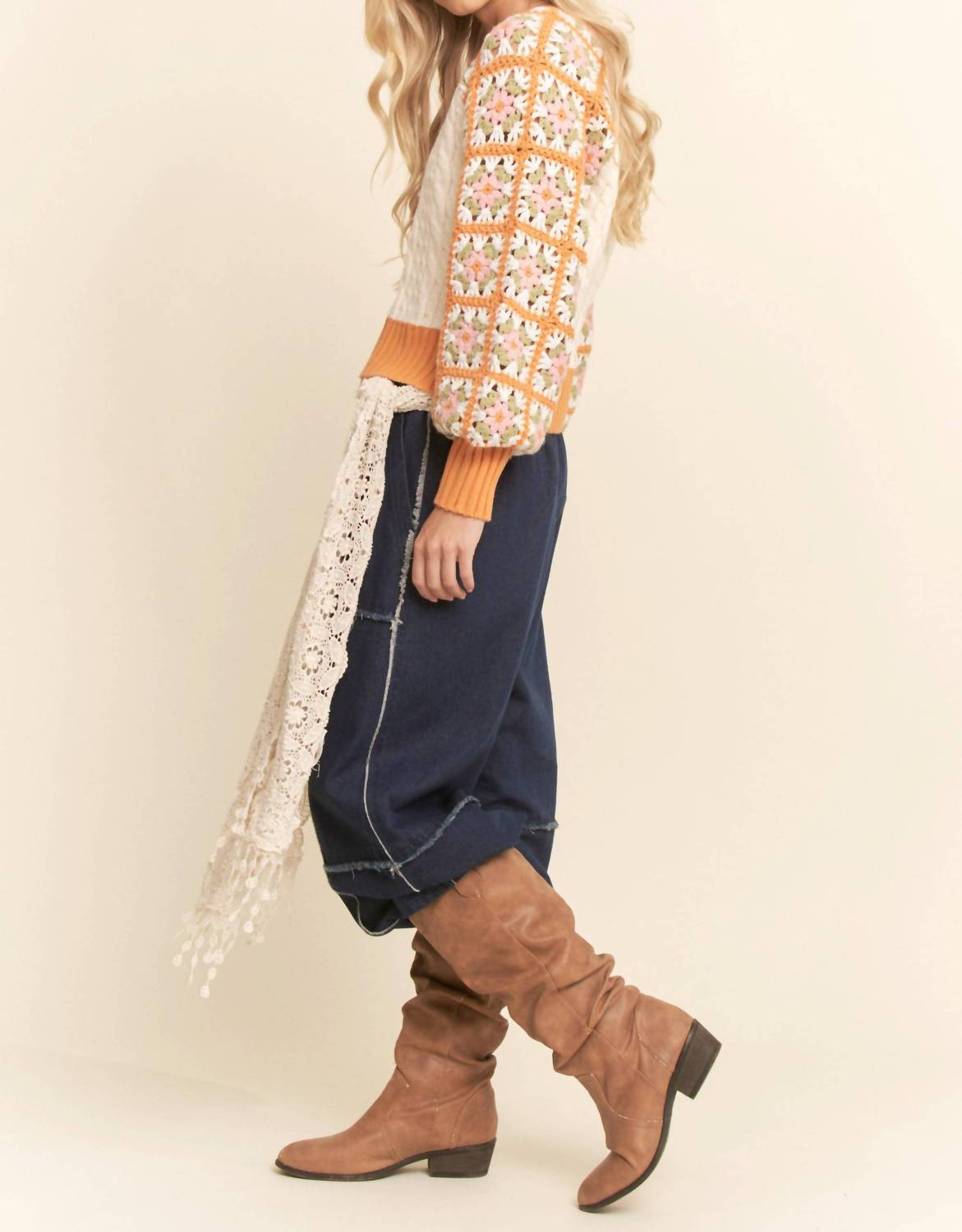 Davi & Dani - Cable Knit Ribbed Cuffs Sweater Top