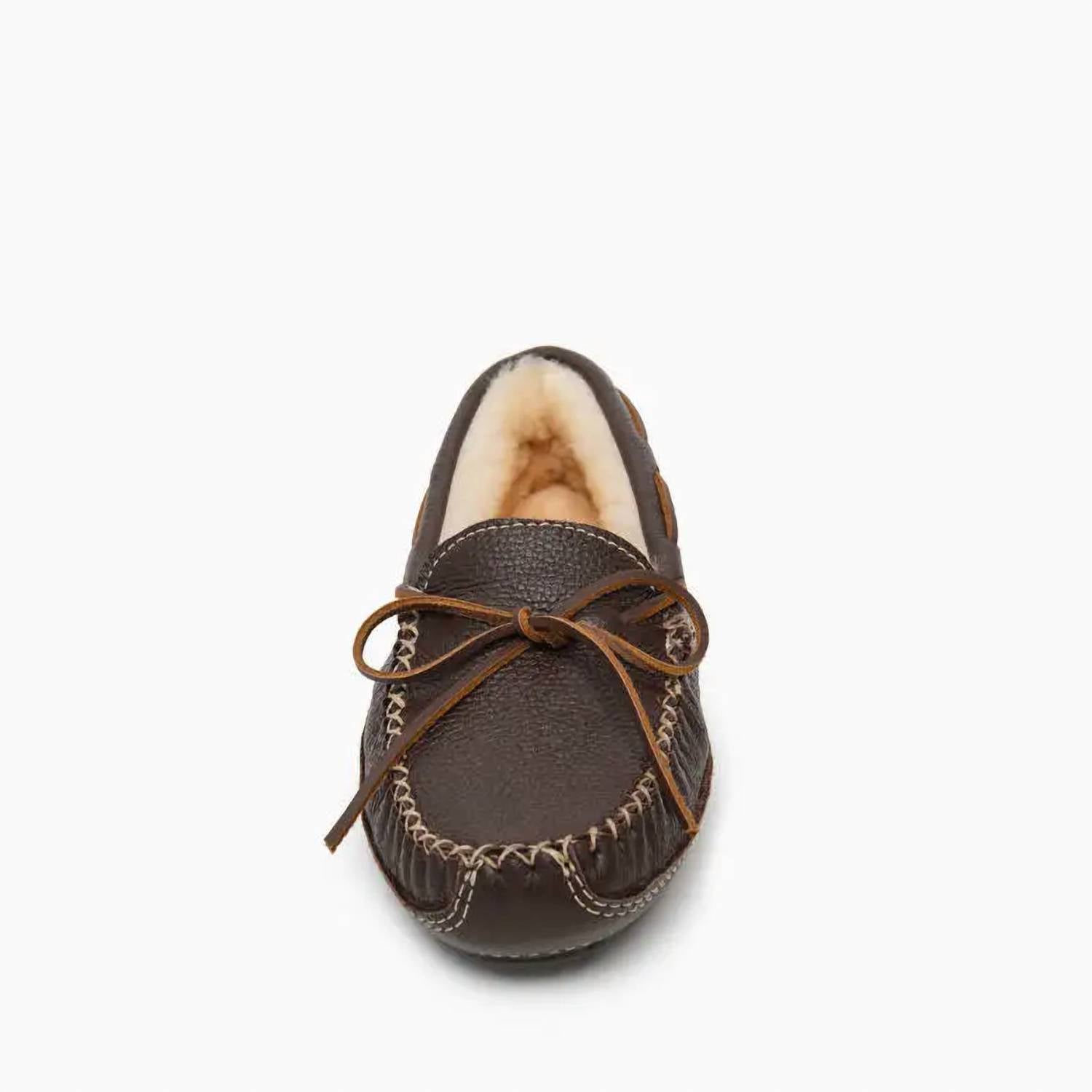 MINNETONKA Men's Sheepskin Moose Moccasin Slipper in chocolate - men's loafer - alternate view