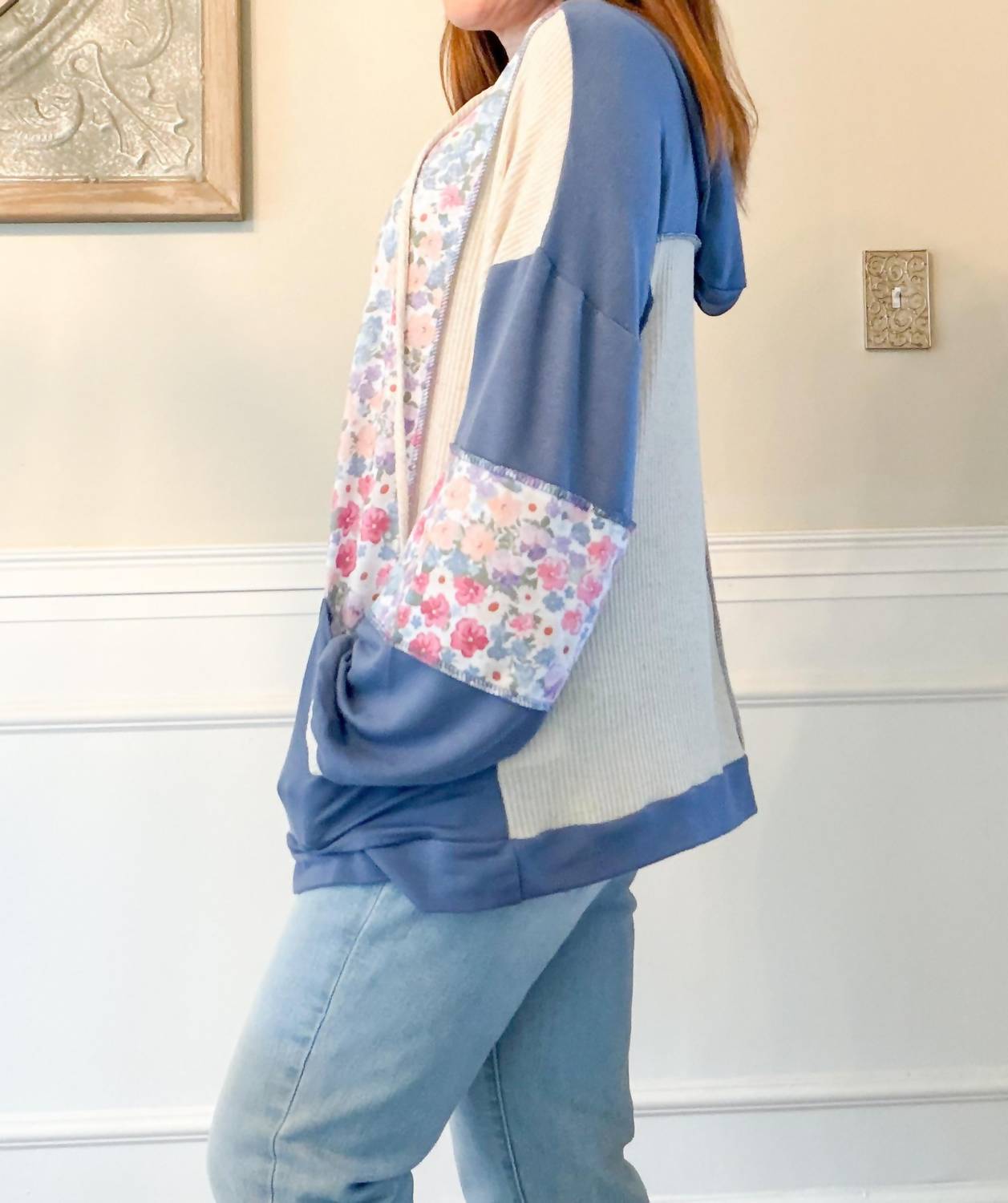 Haptics Floral Color-Block Hoodie Jacket in oatmeal - women's top - view 4