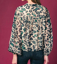THE SHIRT Logan Long Sleeve Shirt in green leopard - women's long sleeve top - detail view