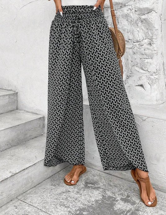 Shewin - Shirred Side Slit Wide Leg Pants