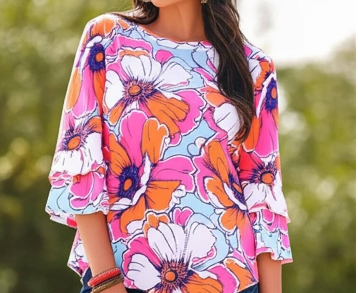 Ruby Rd. - Tropical Floral Flutter Sleeve Blouse