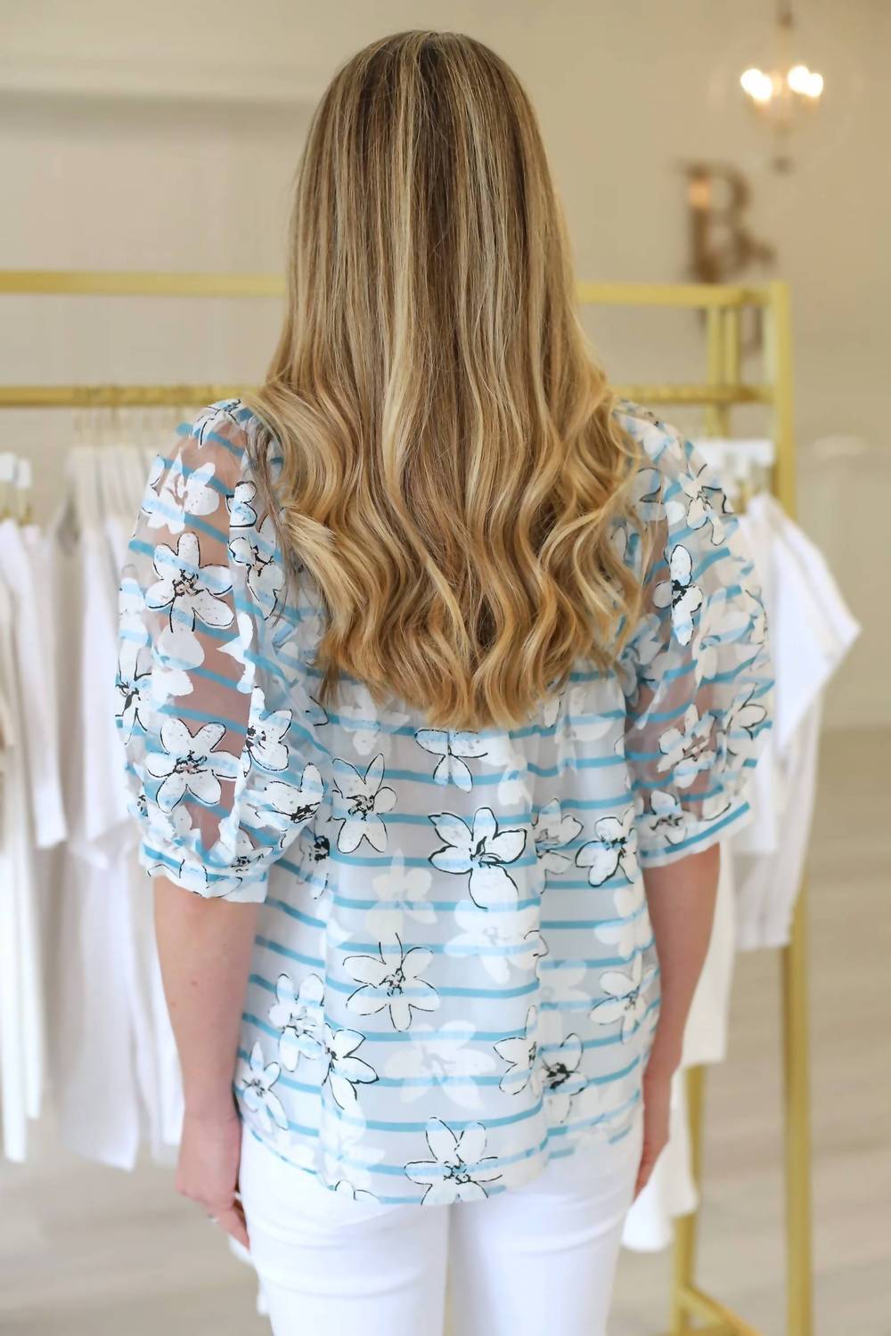 Jade Women's High Neck Puff Sleeve Top in blooming silhouette - women's blouse - detail view
