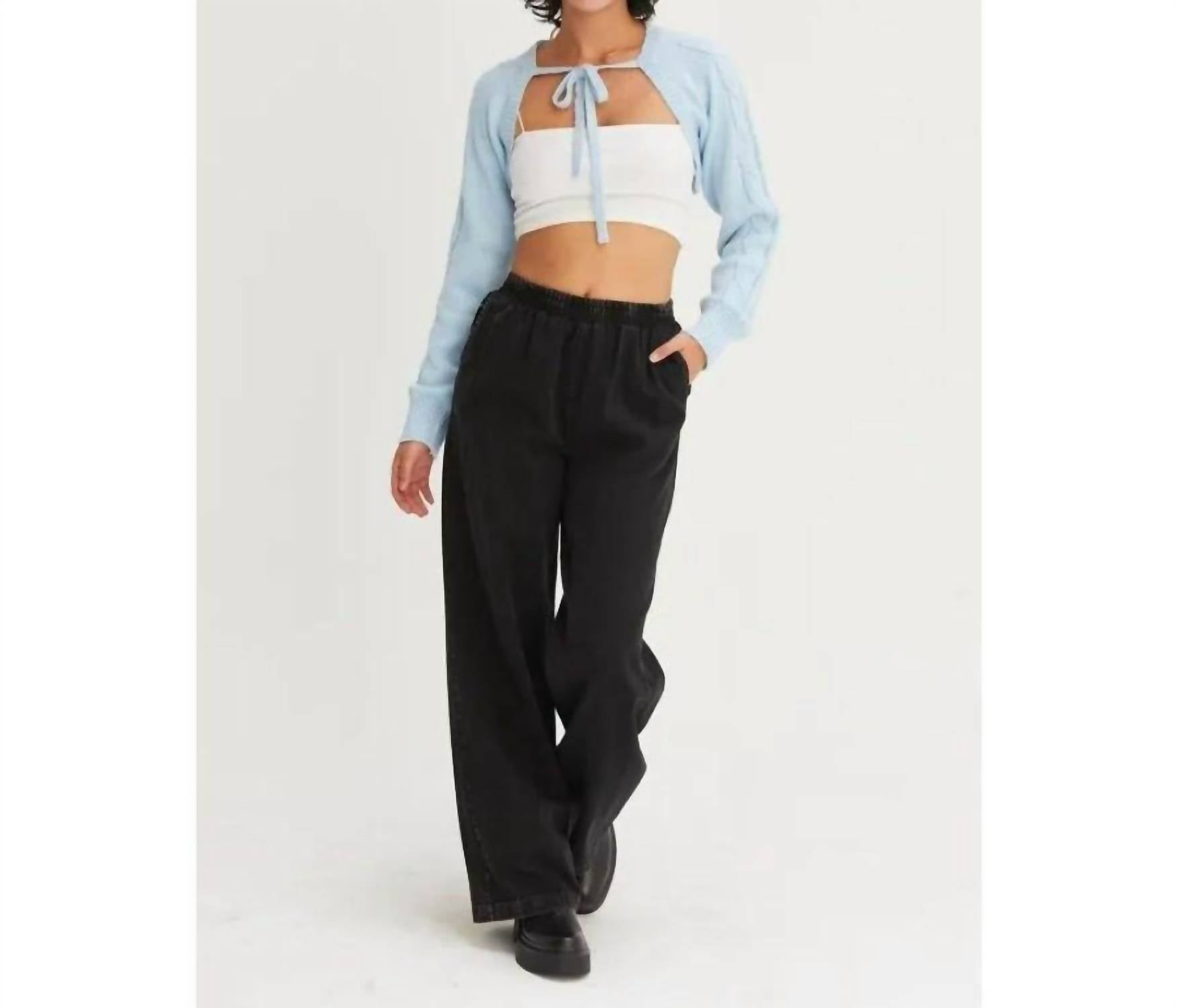 HYFVE Cable Knit Tie Front Shrug in baby blue - women's sweater