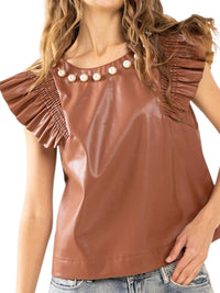 Ces Femme - Smocked Ruffled Shoulder Pearl Detail Top