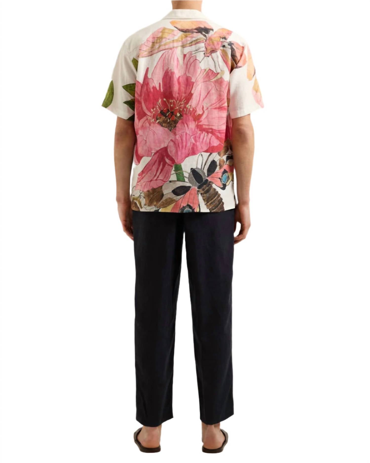 Orlebar Brown Maitan Paeonia Linen Shirt in pink lemonade - men's shirt - detail view