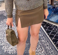 AnnieWear Lily Vegan Faux Leather Side Slit Detail Skort in mocha - women's shorts