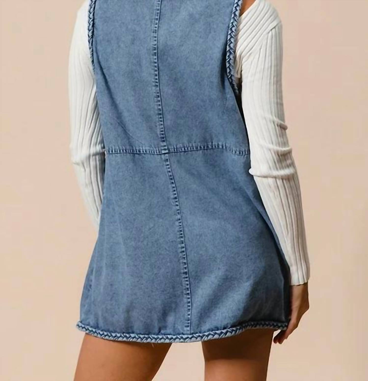 Bibi - Braided Trim Open Front Denim Vest With Pockets