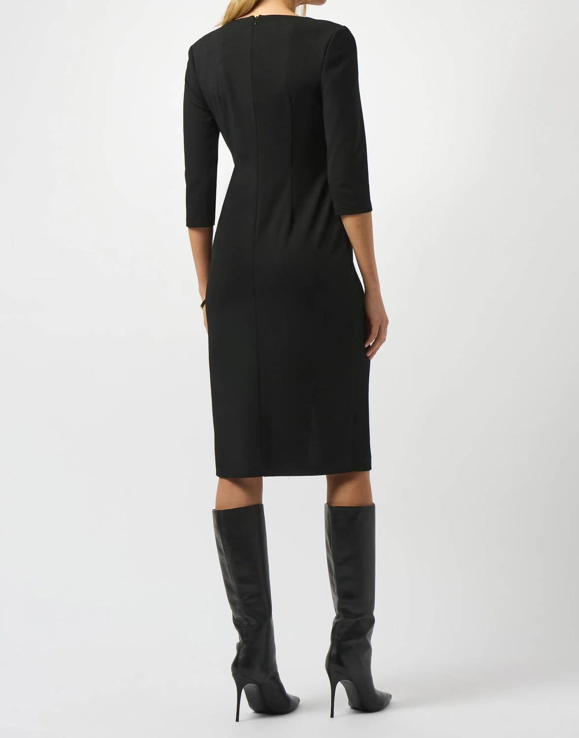 Joseph Ribkoff Ruched Front Slit V-neck Sheath Dress in black - women's dress - detail view