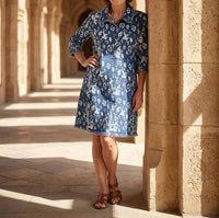 Dizzy-Lizzie NRL denim abstract Chatham dress in lv blue white - women's dress - detail view