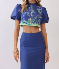 Tcec - Botanical Print Puff Sleeve Crop Top