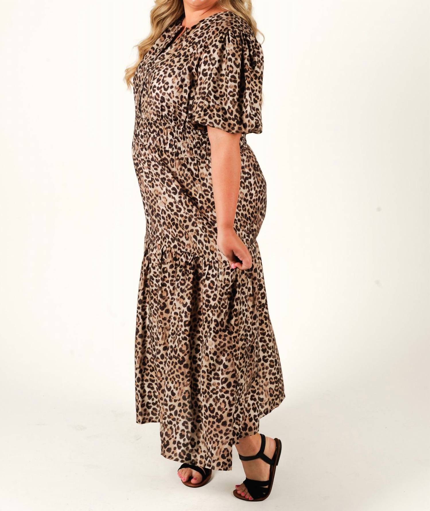 SHE + SKY Wild Elegance Midi Dress in leopard - women's dress - detail view