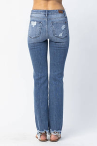 Judy Blue Destroyed Straight Mid-rise Jeans in medium blue - women's jeans - detail view