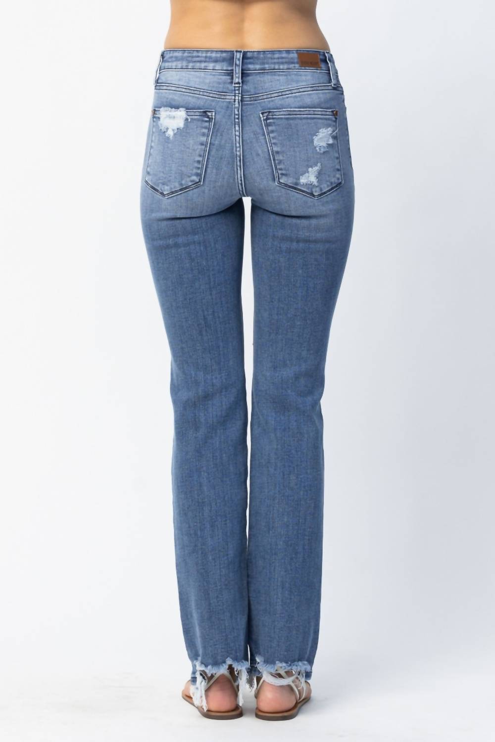Judy Blue Destroyed Straight Mid-rise Jeans in medium blue - women's jeans - detail view