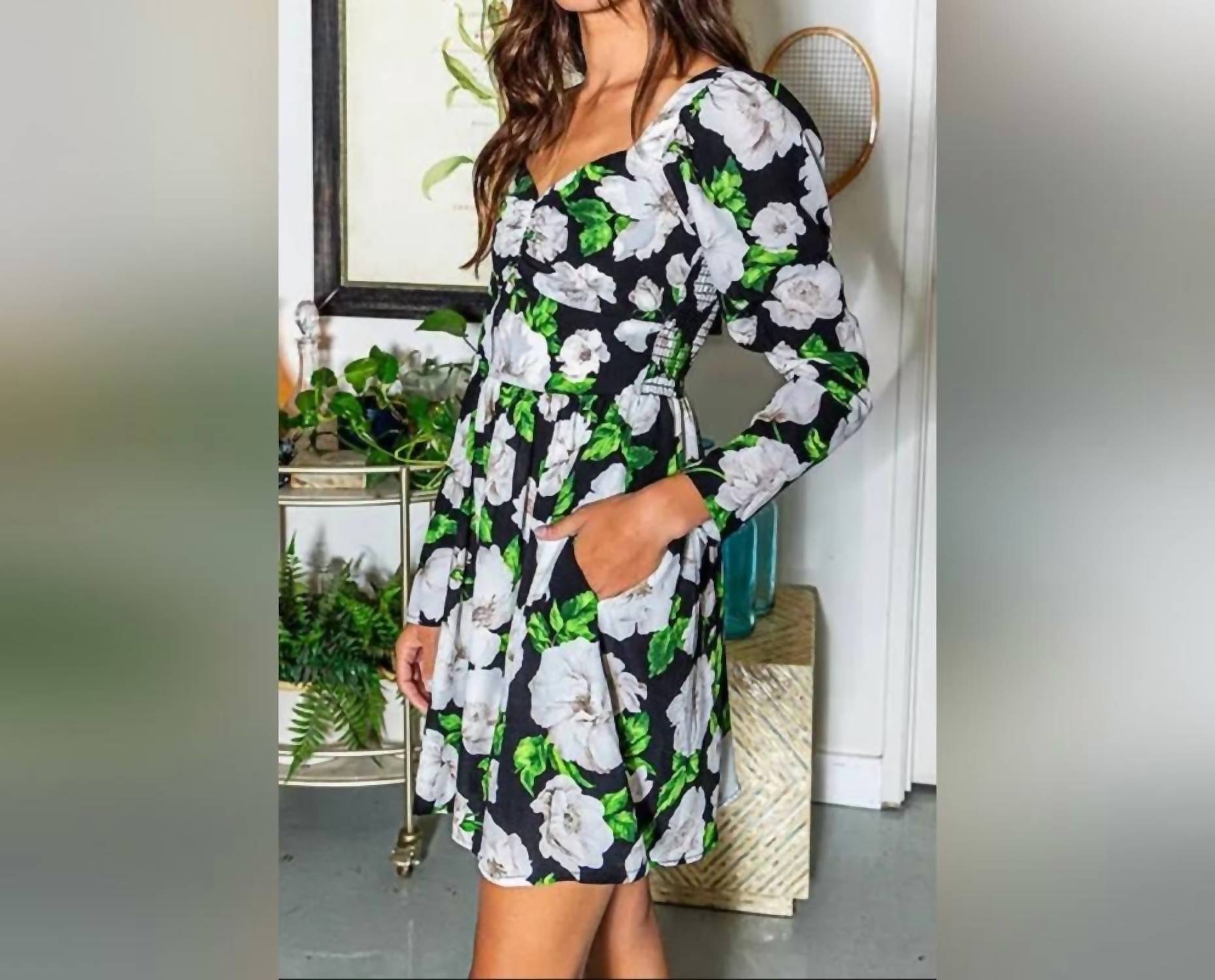 BUCKETLIST Valerie Floral Long Sleeve Dress in black white - women's dress - detail view