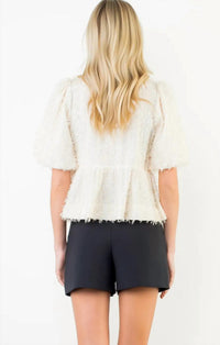Mint Exclusives Freya Fringed Front Tie Puff Sleeve Top in beige - women's blouse - detail view