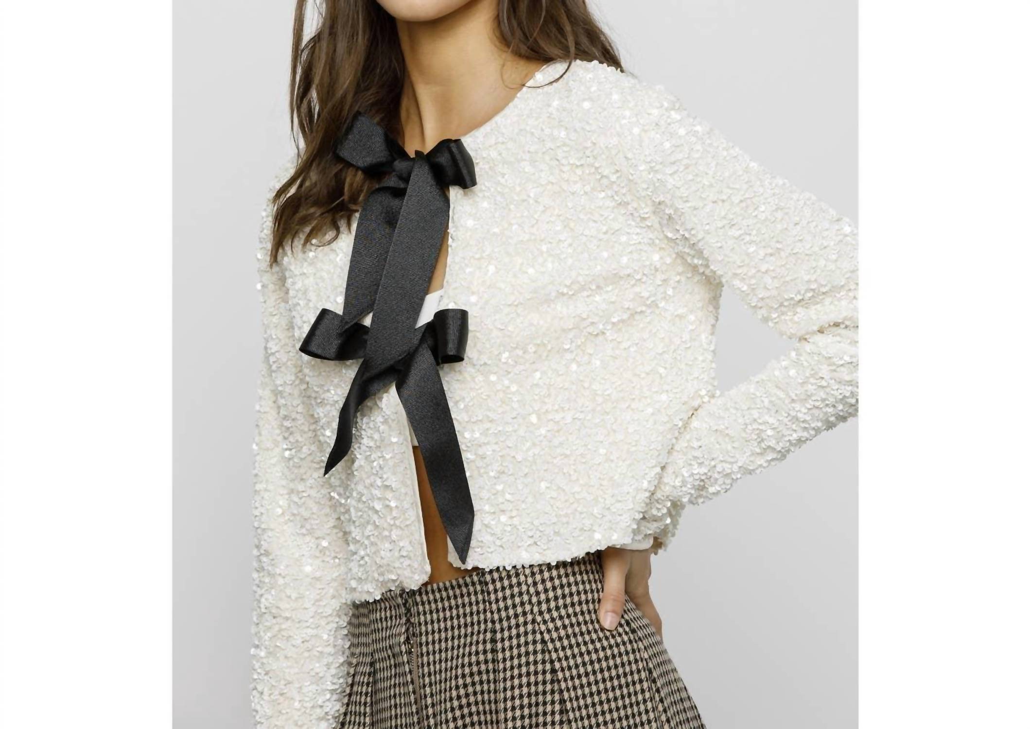 STORIA Solid Sequin Ribbon Bow Jacket in cream black - women's jacket - alternate view