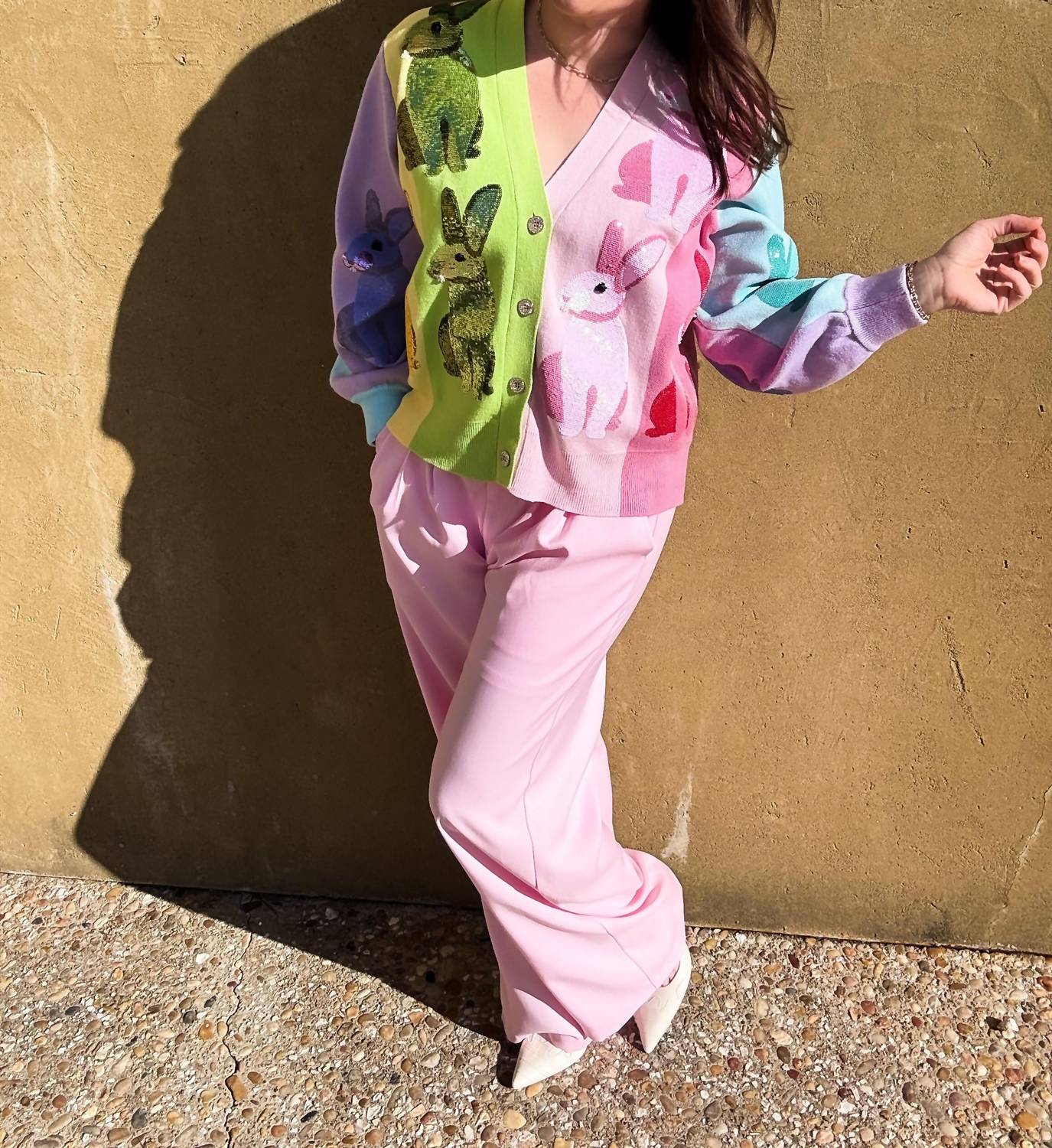 Queen Of Sparkles - Rainbow Colorblock Easter Bunny Cardigan