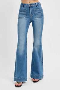 Risen - Elastic Band High Rise Flare Front Patch Pocket Jeans