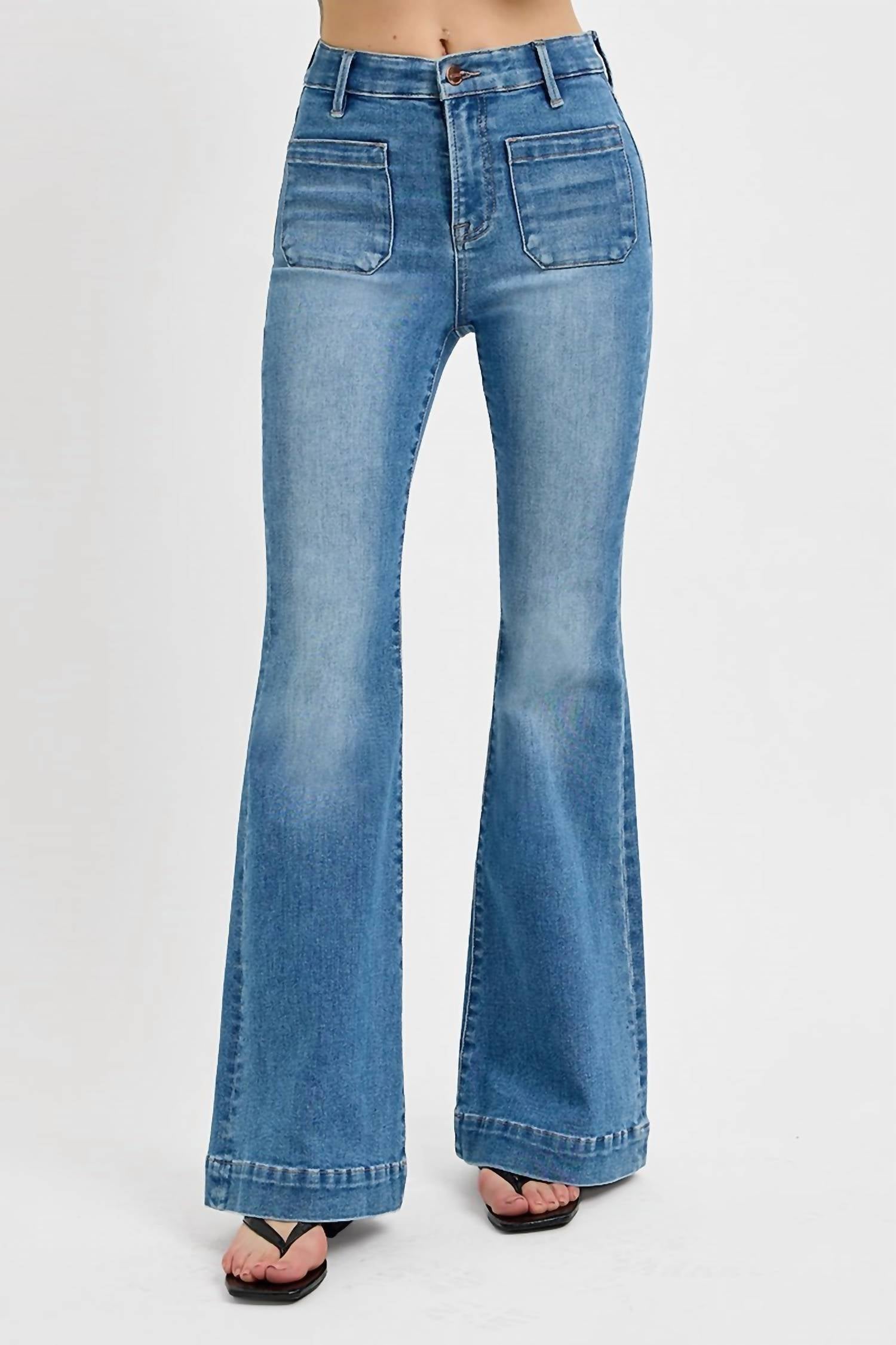 Risen - Elastic Band High Rise Flare Front Patch Pocket Jeans