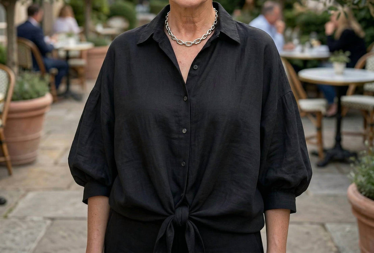 Made in Italy Soft Knot Linen Shirt in italy soft knot linen shirt in black - women's shirt - detail view