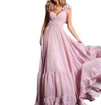 Jovani - Metallic Chiffon V-neck Maxi Dress