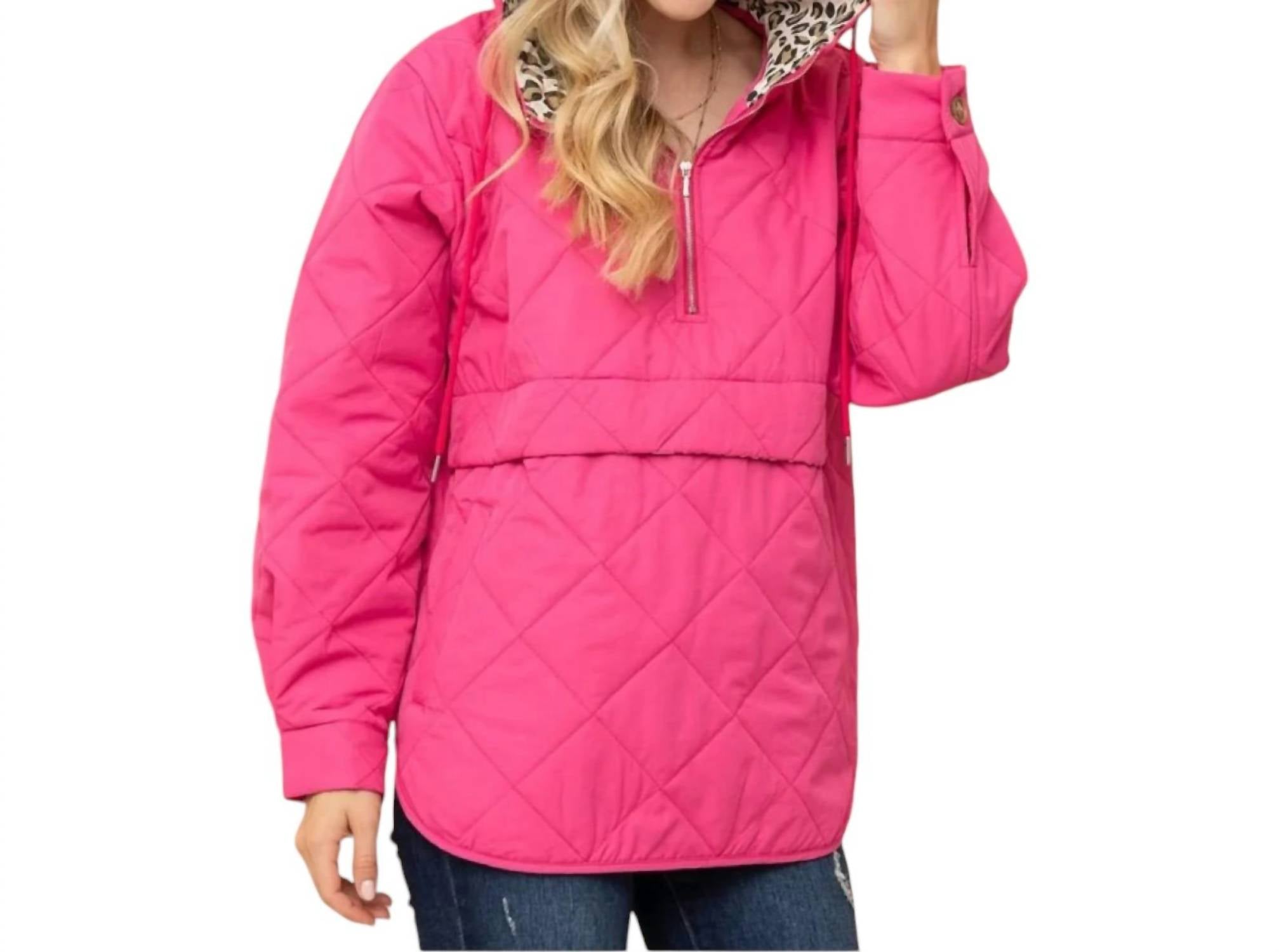And The Why Quilted Half Zip Up Leopard Detailed Hoodie in fuchsia - women's top - detail view