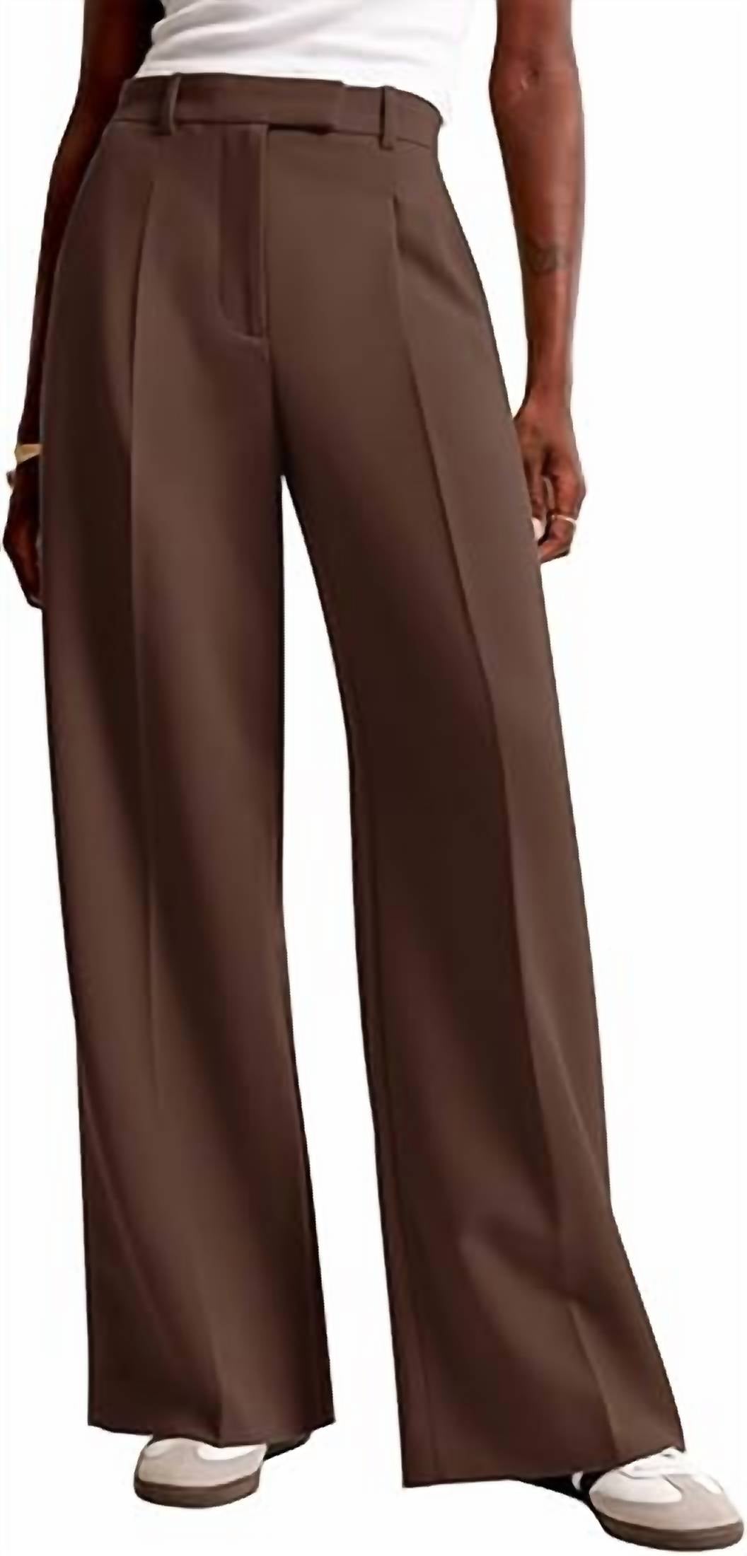 NiMin Wide Leg High Waisted Business Casual Work Trousers in dark brown - women's pants - detail view