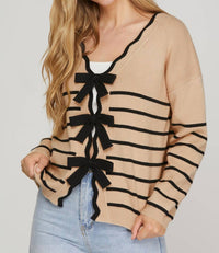 SHE + SKY Striped Bow Detail Reversible Sweater Cardigan in bworn black - women's cardigan - detail view