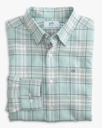 SOUTHERN TIDE Men's Flannel Reddick Plaid Sportshirt in summer aqua - men's long sleeve top - detail view