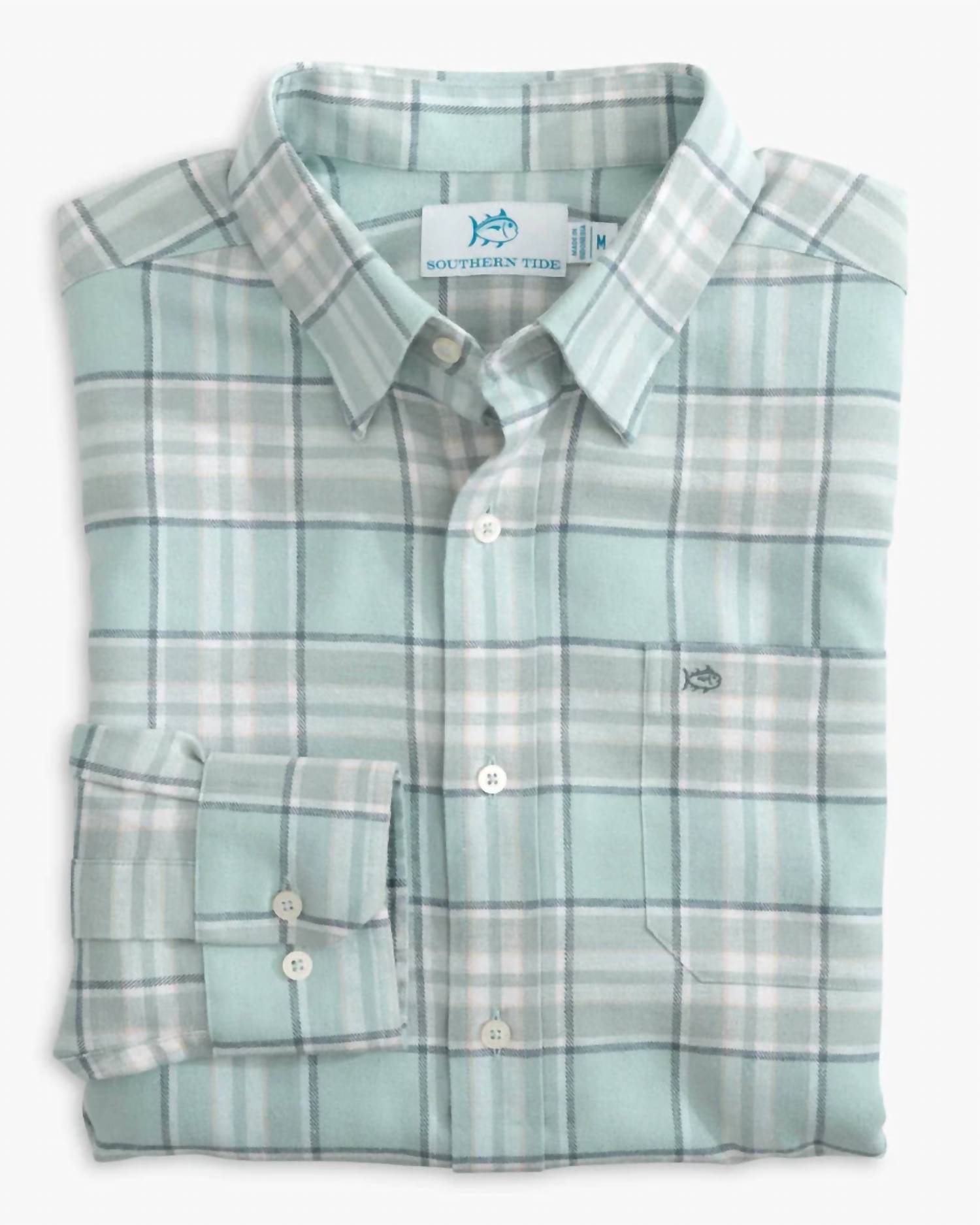 SOUTHERN TIDE Men's Flannel Reddick Plaid Sportshirt in summer aqua - men's long sleeve top - detail view