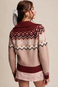 Listicle Retro Floral Knit Zip Up Cardigan in burgundy multi - women's cardigan - detail view