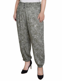 NY Collection Smock Waist Pants - Plus Size in green palms - women's pants - detail view