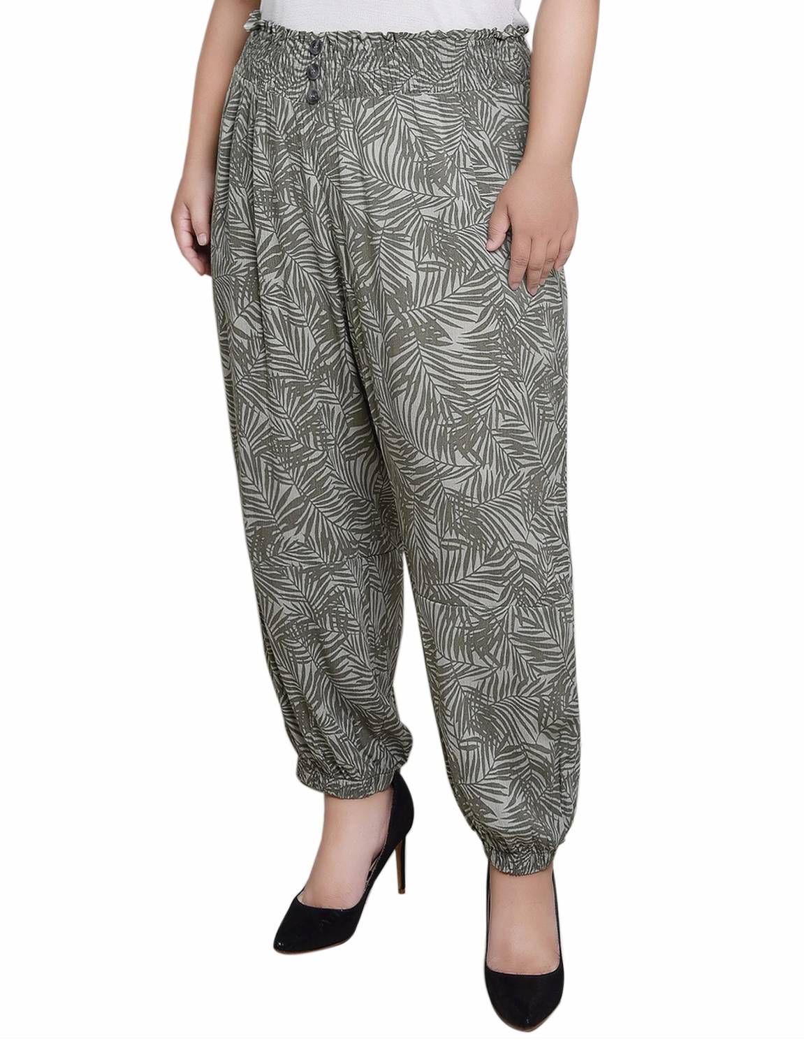 NY Collection Smock Waist Pants - Plus Size in green palms - women's pants - detail view