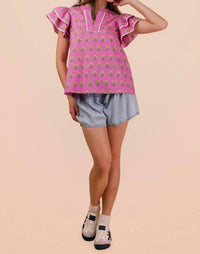 Very J - Ruffle Sleeve Printed Woven Blouse Top