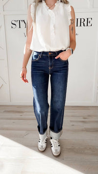 Risen - Mid Rise Cuffed Straight Jeans