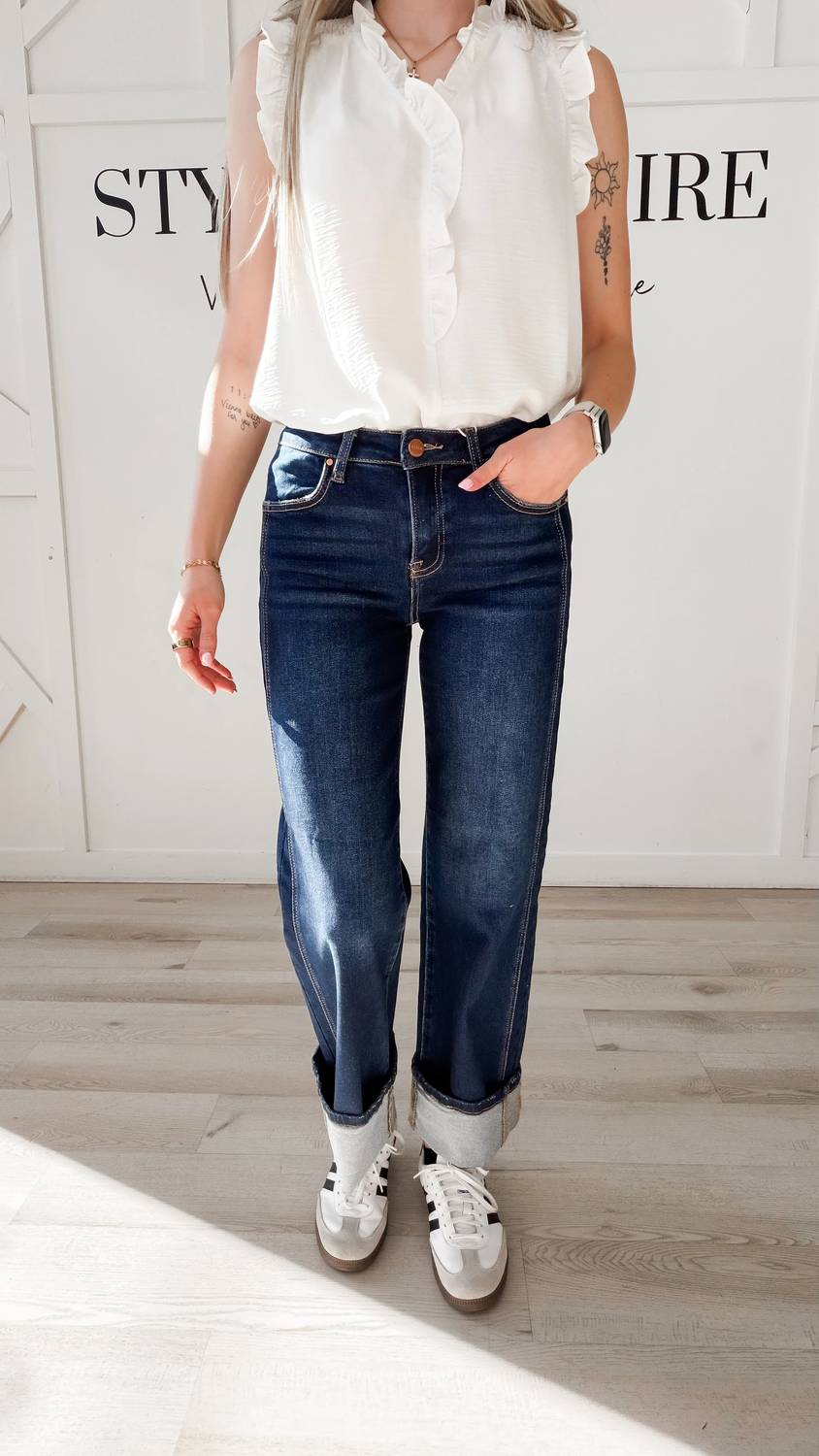 Risen - Mid Rise Cuffed Straight Jeans