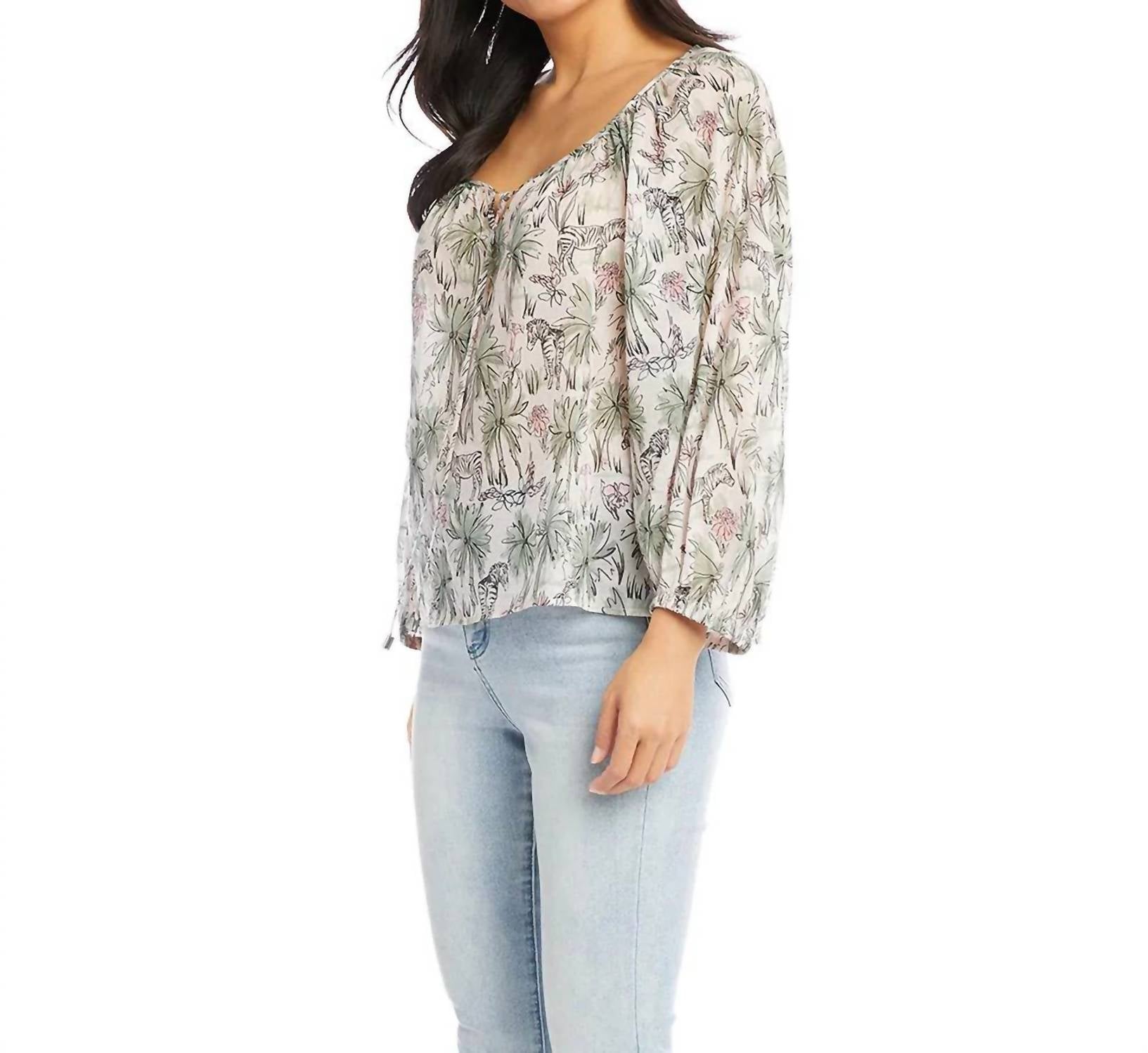 Karen Kane Zara Long Sleeve Lightweight Top in zebra tropical print - women's blouse - detail view