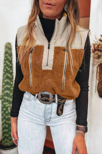 Lovesoft Women's Half-zip Sherpa Pullover Vest in beige brown - women's jacket - detail view