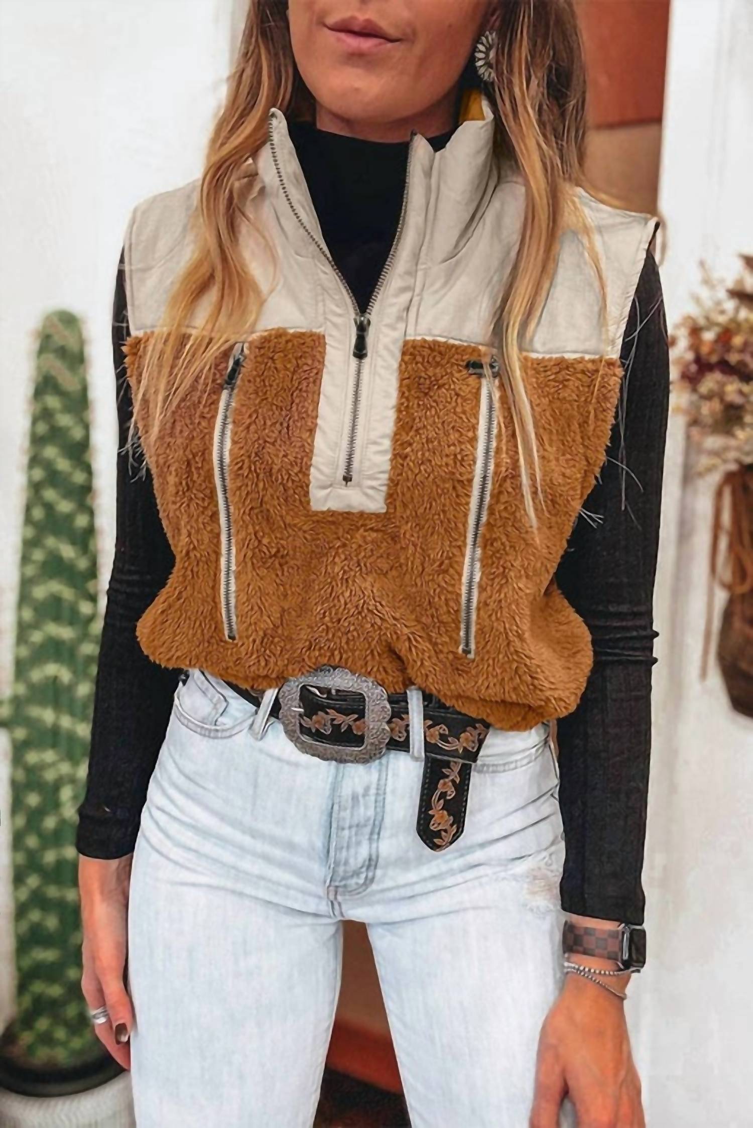 Lovesoft Women's Half-zip Sherpa Pullover Vest in beige brown - women's jacket - detail view